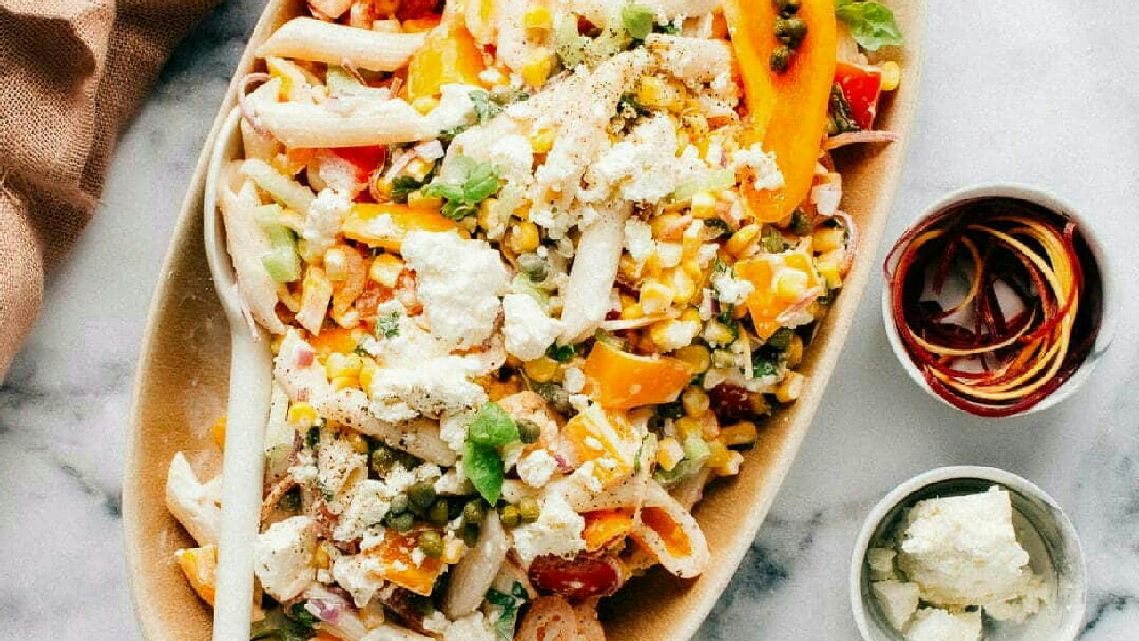Greek Pasta Salad with Creamy Feta Dressing